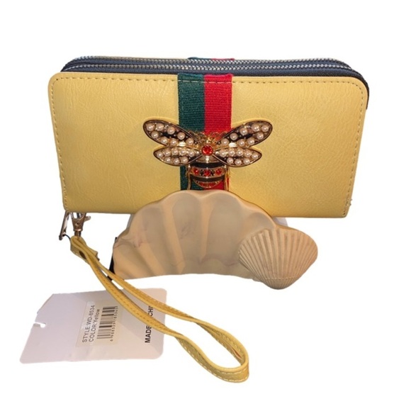 Handbags - LARGE ZIP WALLET BUTTER YELLOW PU LEATHER LUXE LOOK STRIPES & EMBELLISHED BEE